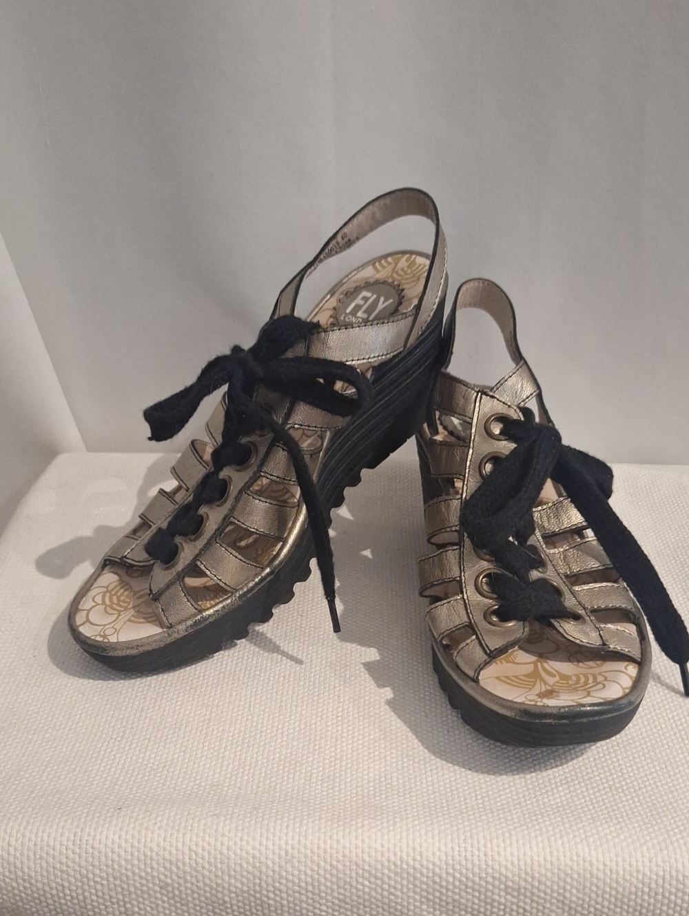 Fly London Yito Metallic Gold and Black Lace-Up Wedge Mules